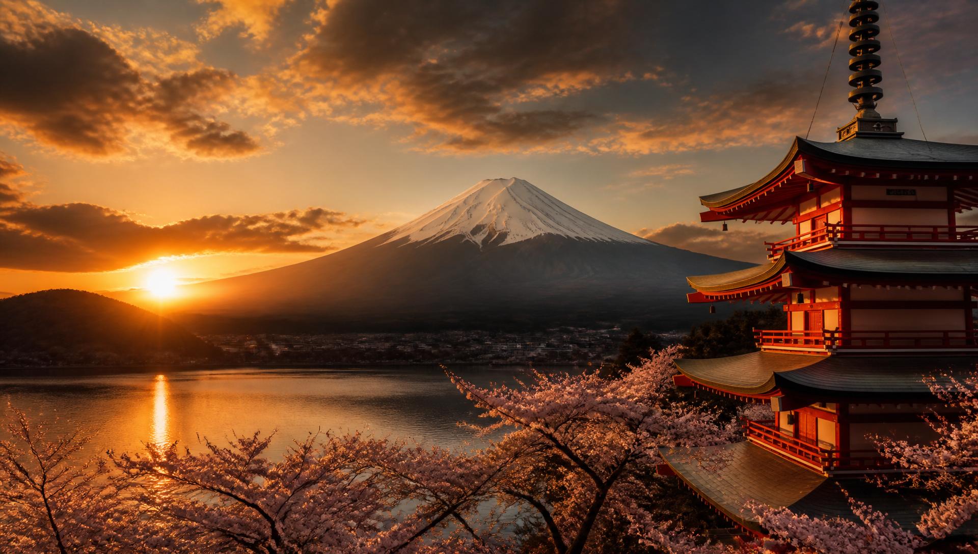 Mount Fuji at sunset with a Japanese pagoda
