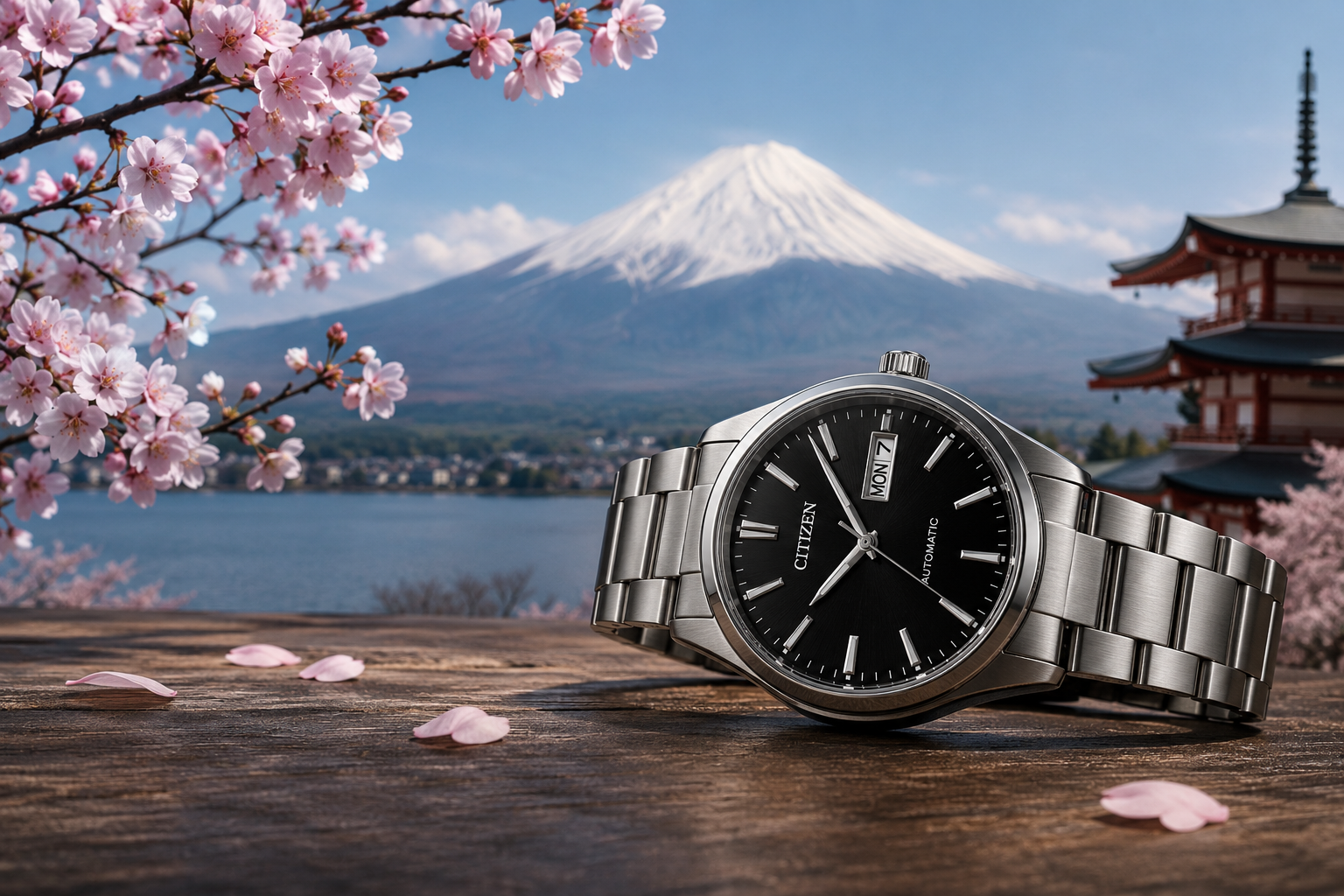 Japanese watch under Mount Fuji at sunset